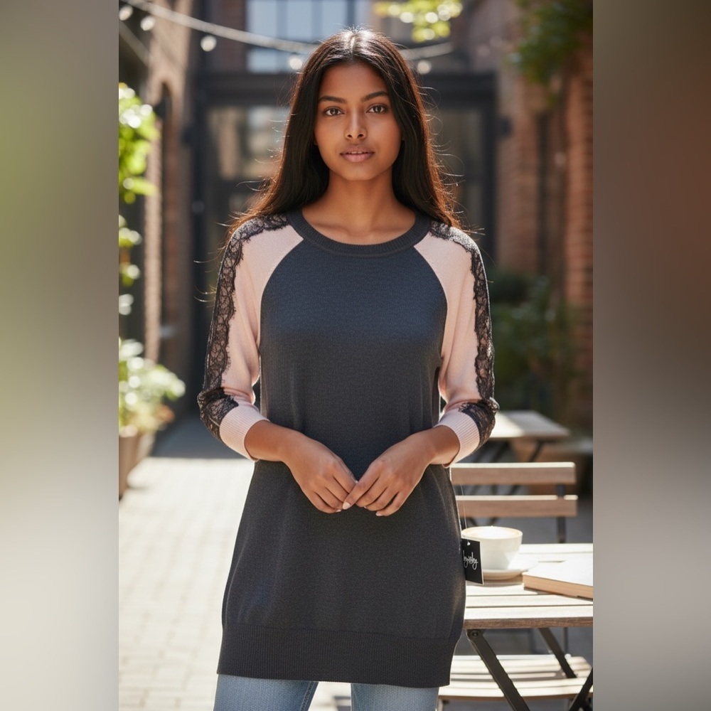 by & by Black Tunic with Blush Pink and Lace Sleeves